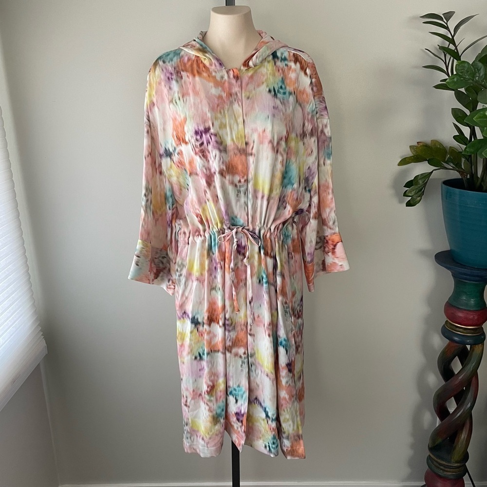 GAP Hooded Long Jacket Watercolor Button Down Kimono Cinchable Hem Large XL
